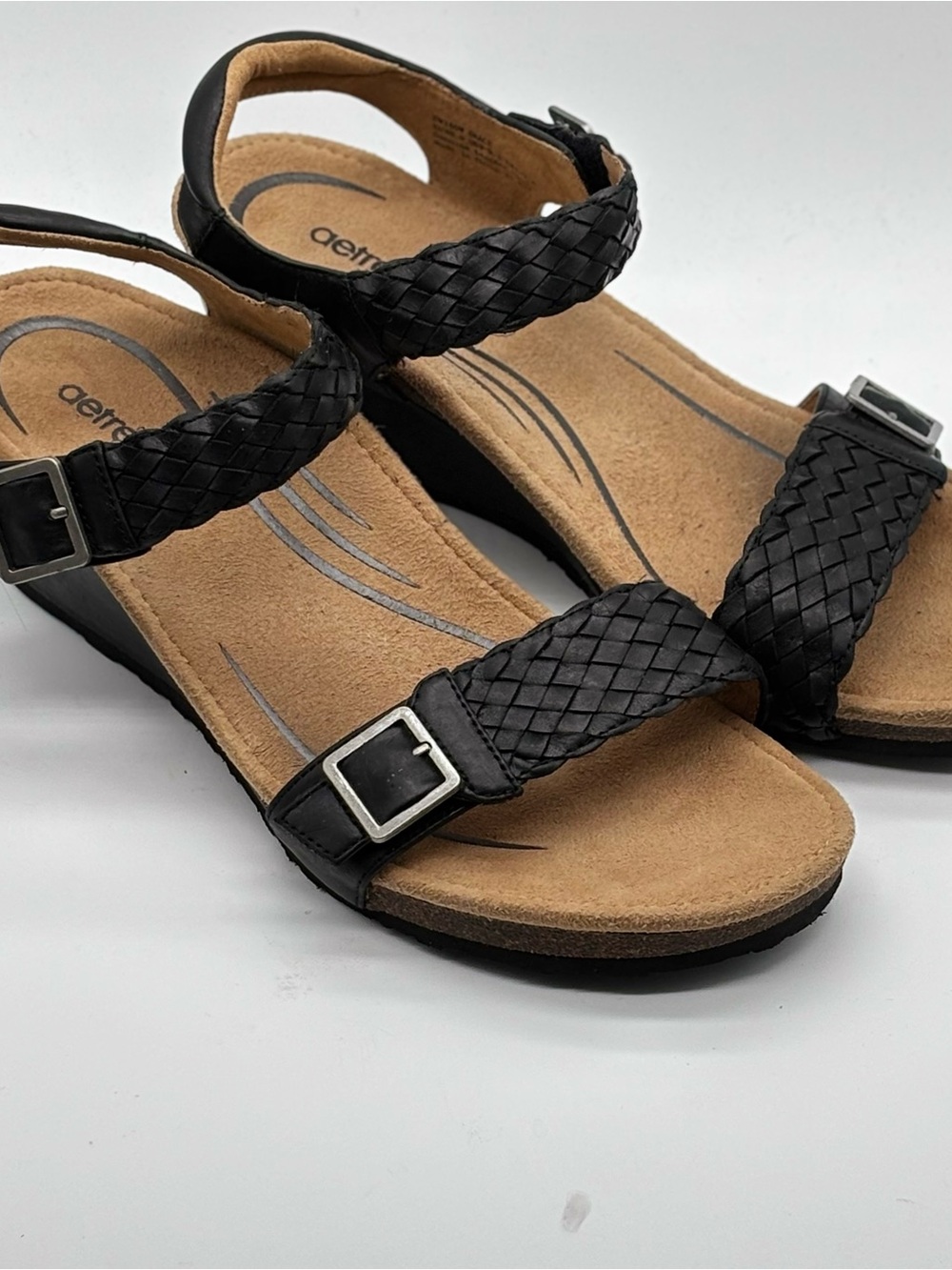 Aetrex Grace Adjustable Woven Wedge Comfort Sandal Leather Size 9-9.5 Black